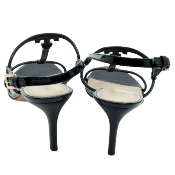 TORY BURCH~T-Logo~BLACK PATENT SAFFIANO HEELED STRAPPY SHOES 7.5M - Picture 4 of 7